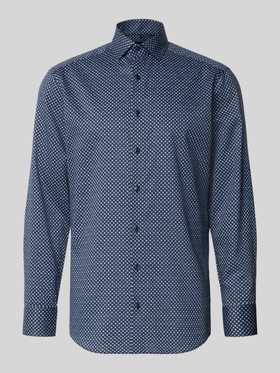 Produktfoto, Modern Fit Businesshemd aus reiner Baumwolle von OLYMP, blaues Hemd mit weißen geometrischen Mustern, Herren Businesshemd von OLYMP