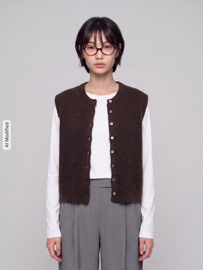 Frauenmodel trägt Regular Fit Pullunder mit einreihiger Knopfleiste Modell 'SIMONI' von ONLY, braun, kombiniert mit weißem Langarmshirt und grauer Hose, neutrale Farben, weiche Stoffstruktur, Ganzkörperansicht von vorne, Damen Pullover von ONLY, KI-modifiziertes Bild.