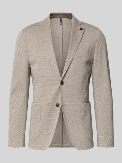 Produktfoto, Regular Fit Blazer mit Zierstein von HECHTER PARIS aus Baumwoll-Mix in Beige mit Reverskragen, Brusttasche, aufgesetzten Taschen und 2-Knopfleiste, strukturierte Oberfläche, Rückenlänge 73 cm, Schulterbreite 48 cm, Ärmellänge 68 cm