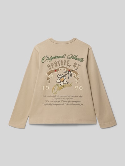 Produktfoto, beiges Regular Fit Sweatshirt mit Logo-Print Modell 'Upstate' von Jack & Jones aus reiner Baumwolle, Motiv und Schrift auf Rückseite