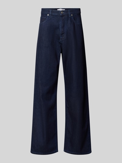 Produktfoto, Wide Fit Jeans aus reiner Baumwolle von MAISON KITSUNÉ in Dunkelblau, gleichmäßige Waschung, 5-Pocket-Design, Knopf- und Reißverschluss, Herrenjeans