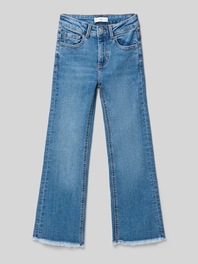 Produktfoto, Flared Jeans mit 5-Pocket-Design von Mango aus blauem Baumwoll-Elasthan-Mix, Flared-Cut, Kindergröße, sichtbare Textur.