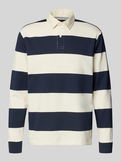 Produktfoto, Poloshirt mit kurzer Knopfleiste von MCNEAL, bawełniana mieszanka, regular fit, granatowo-kremowe pasy, ściągacze na rękawach.