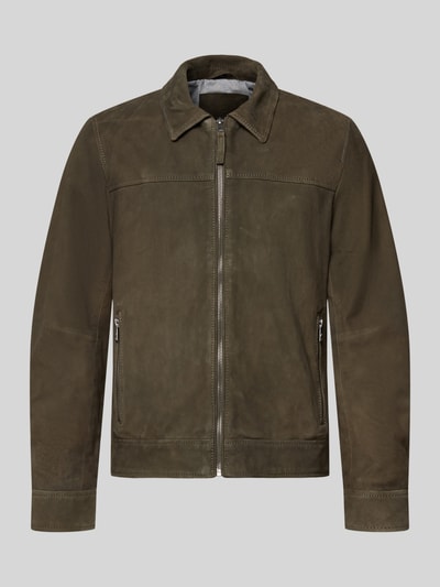 Produktfoto, Lederjacke aus Schafsnubuk mit Reißverschluss Modell 'TRIVEN' von MAURITIUS, Herren, Regular Fit, Umlegekragen, Reißverschlusstaschen, mattes olivgrünes Leder, glatte Textur