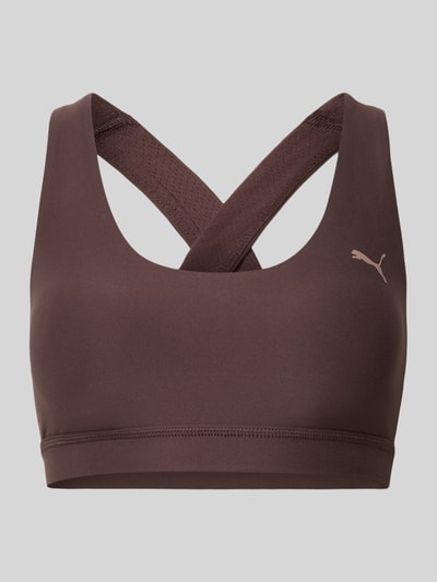 Produktfoto, Slim Fit Sportbh mit Logo-Print Modell 'Cloudspun' von PUMA im Elastischer-Material-Mix, Cut-Out auf der Rückseite, braun
