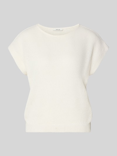 Produktfoto, Relaxed Fit T-Shirt in Strick-Optik Modell 'Sofrano' von OPUS, Damen T-Shirt aus Baumwoll-Mix, cremeweiß, feine Struktur, Rundhalsausschnitt, elastischer Bund, Rückenlänge 56 cm bei Größe 36