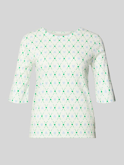 Produktfoto, Regular Fit Longsleeve mit Allover-Motiv-Print von 7558406 aus elastischem Baumwoll-Mix, buntes Motiv auf weißem Untergrund, Rundhalsausschnitt, Halbarm, Rückenlänge 57 cm bei Größe 36