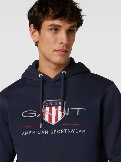 Gant Hoodie met labelstitching en kangoeroezak Marineblauw - 3