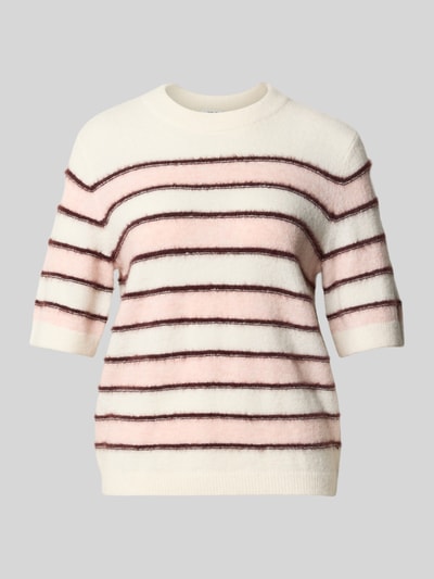 Produktfoto, Loose Fit Pullover mit Mohair-Woll-Anteil Modell 'Pimota Stripe' von OPUS, rosa und creme gestreift, gerippter Rundhals, kurzarm, Strickstruktur, Allover-Muster, Damenmode