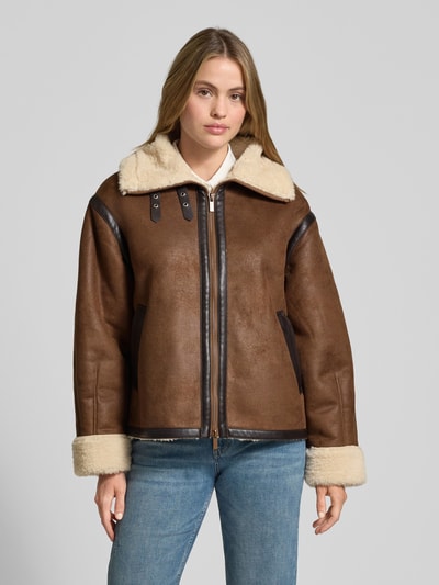 Jake*s Casual Relaxed Fit Jacke mit Zweiwege-Reißverschluss und Kunstfell Dunkelbraun 4