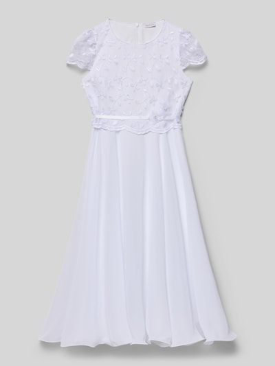 Produktfoto, Knielanges Kleid mit Rundhalsausschnitt von Weise, taliowany krój, długość do kolan, okrągły dekolt, wszyty zamek błyskawiczny, halka pod spódnicę, kolor biały, rozmiary dziecięce, gładka tekstura, ozdobna góra