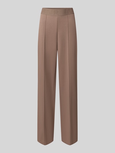 Productfoto, straight fit broek van viscosemix met logodetail, elastische band, siernaden, kleur beige, monari, dames, materiaalmix met viscose, bandwijdte 38 cm, binnenbeenlengte 79 cm, maat 36