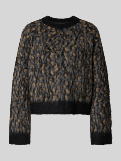 Produktfoto, Relaxed Fit Pullover mit Alpaka-Anteil in Strick-Optik von MYON, Animal-Print in Schwarz und Braun, runder Ausschnitt, elastischer Baumwoll-Mix
