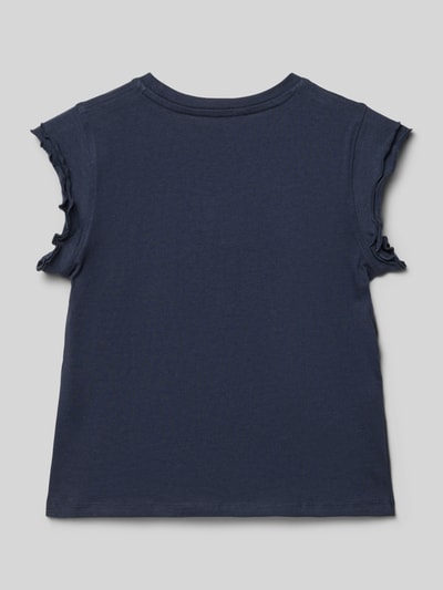 Produktfoto, dunkelblaues Kinder T-Shirt mit Wellensaum an den Ärmeln Modell 'LILI' von Mango, Reine Baumwolle, Gerader-Schnitt, Rundhalsausschnitt, Rückenlänge 42 cm bei Größe 128.