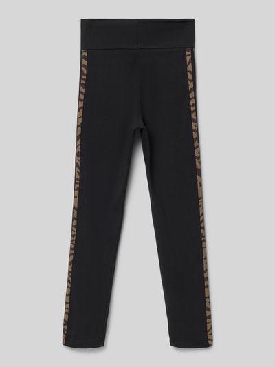 Produktfoto, zwarte Leggings mit Logo-Print und elastischem Bund van adidas Originals, katoenmix met stretch, aansluitende fit, elastische tailleband, logoprint, binnenbeenlengte maat 140: 57 cm, bruine streepdetails aan de zijkanten