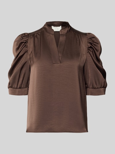 Produktfoto, Regular Fit Bluse aus Satin mit Puffärmeln Modell 'Roella' von Neo Noir in Braun, V-Ausschnitt, glatte Struktur, neutraler Hintergrund