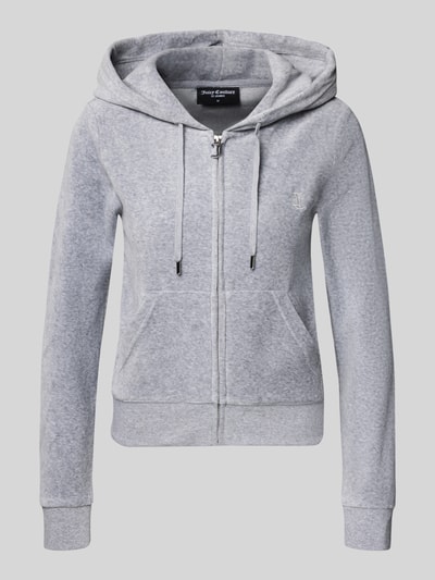 Produktfoto, Sweatjacke mit Label-Stitching Modell 'ROBERTSON' von Juicy Couture aus grauem Material-Mix mit Stretch-Anteil, Regular Fit, Kapuze mit Tunnelzug, Reißverschluss und Känguru-Tasche.