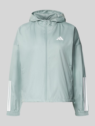 Produktfoto, Windbreaker mit Kapuze und Logo von adidas Sportswear, relaxed fit, kaptur, logo, zamek, kieszenie, długość tyłu w rozmiarze S: 58 cm, szerokość ramion w rozmiarze S: 66 cm, szerokość klatki piersiowej w rozmiarze S: 53 cm, długość rękawa w rozmiarze S: 50 cm, jasnoniebieski kolor, gładka tekstura, proste linie