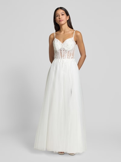 Luxuar Abendkleid aus Tüll mit floralen Stitchings Offwhite 4