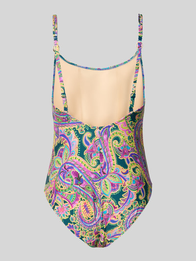 Frauenmodel trägt Slim Fit Badeanzug mit Allover-Paisley-Print Modell 'Lise' von Marie Jo aus Elastischer-Material-Mix, Rückenausschnitt, verstellbare Träger, farbenfrohes Muster, Ganzkörperansicht Rückansicht.
