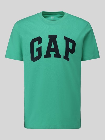 Produktfoto, Regular Fit T-Shirt aus reiner Baumwolle Modell 'EVERYDAY SOFT' von GAP, grün mit schwarzem Logo-Print, Rundhalsausschnitt, reine Baumwolle, 67 cm Rückenlänge bei Größe M