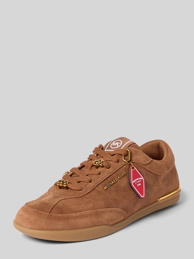 Produktfoto, Sneaker aus Leder mit Zierperlen Modell 'NOLAN LACE UP' von MICHAEL Michael Kors, braun, abgerundete Form, leicht strukturierte Sohle, beschichtetes Leder, Label-Details, Absatzhöhe 2 cm, Schafthöhe 6 cm, Szerokość w rozmiarze 40: 9 cm