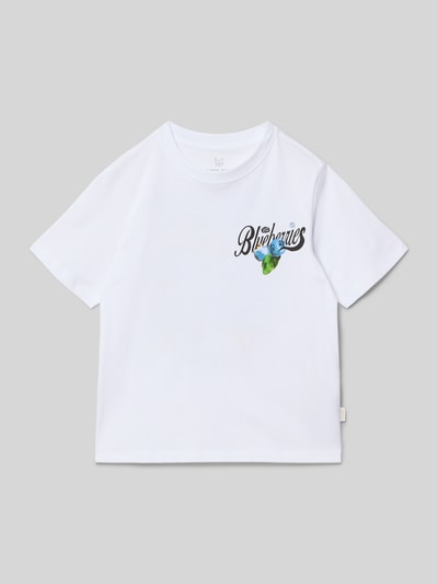 Productfoto, T-Shirt met motiefprint van Jack & Jones, wit katoen, rechte fit, ronde hals, blueberry print, ruglengte maat 140: 54 cm.
