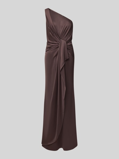 Produktfoto, Abendkleid mit One-Shoulder-Träger von Adrianna Papell, Maxilänge, taillierte Passform, Raffungen, Knotendetail, glatte Textur