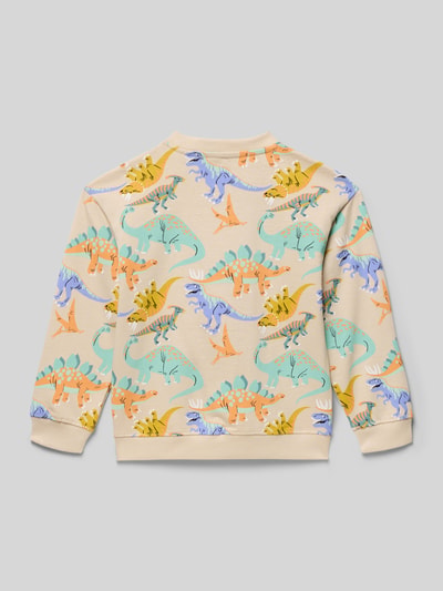 Produktfoto, Regular Fit Sweatshirt mit Allover-Motiv-Print von Blue Seven in Beige mit bunten Dinosauriern, Reine Baumwolle, Rundhalsausschnitt, elastische Abschlüsse.