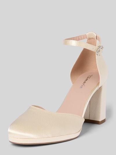 Produktfoto, Pumps mit hohem Blockabsatz von Tamaris in schimmerndem unifarbenem Satin, abgerundete Spitze, Dornschließe mit Strassstein, strukturierte Sohle