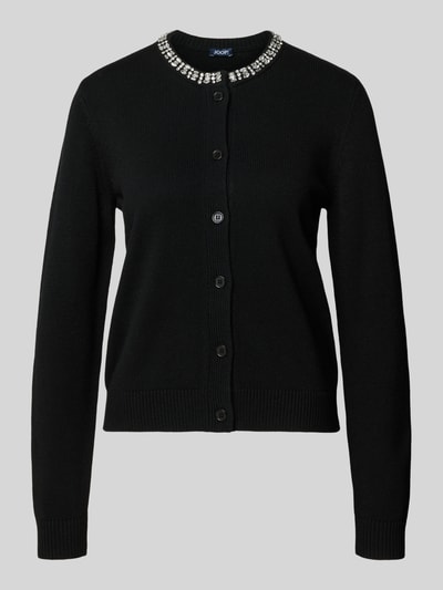 Productfoto, Regular Fit Cardigan met viscose-kasjmier-mix model 'Kosta' van JOOP!, zwart, met siersteentjes, tricotlook, knoopsluiting, elastische boorden, materiaalmix context dames cardigan.