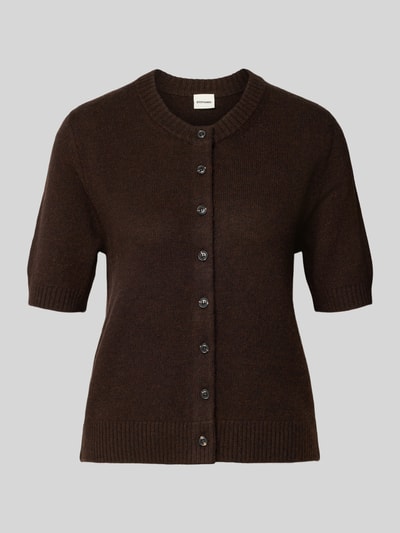 Produktfoto, Slim Fit Cardigan aus reinen Leinen in Strick-Optik von Stefanel, ciemny brąz, okrągły dekolt, listwa guzikowa, krój slim fit, rękawy 29 cm, długość tyłu 53 cm, imitacja dzianiny, len, rozmiar S