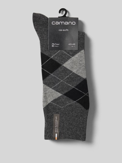 Productfoto, Socken mit Karomuster im 2er-Pack van camano, katoenmengsel met stretch, ribboord, grijs met zwart ruitpatroon, labeldetails