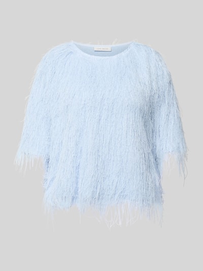 Produktfoto, T-Shirt mit fransen Modell 'FALLON' von Copenhagen Muse, jasnoniebieski kolor, krój regular fit, okrągły dekolt, długość tyłu w rozmiarze S: 56 cm, tekstura puszysta