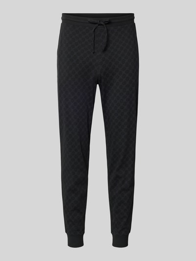 Produktfoto, Sweatpants mit Logo-Muster und elastischem Bund von JOOP! Collection aus reiner Baumwolle in Schwarz, sichtbare Struktur, Regular Fit