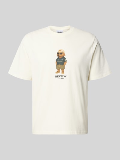 Produktfoto, Regular Fit T-Shirt mit Logo-Print von REVIEW, męski t-shirt z bawełny, krój regular fit, nadruk z logo, okrągły dekolt, długość tyłu w rozmiarze M: 59 cm, jasny kolor, prosta forma, gładka faktura
