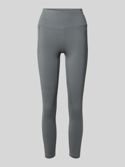Produktfoto, Slim Fit Leggins mit semitransparenten Partien Modell 'Motion' von Under Armour in Grau, Elastischer-Material-Mix, Beintasche, breiter Bund, Logo-Print, verkürzte Passform