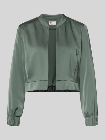 Produktfoto, Regular Fit Blazer mit Stehkragen von V by Vera Mont, satynowa tekstura, otwarty fason, kolor zielony, długość tyłu 45 cm w rozmiarze 36