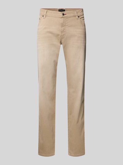 Produktfoto, Modern Fit Jeans mit Eingrifftaschen von bugatti in Beige, Baumwoll-Mix mit Stretch-Anteil, Knopf- und Reißverschluss, klare Linien