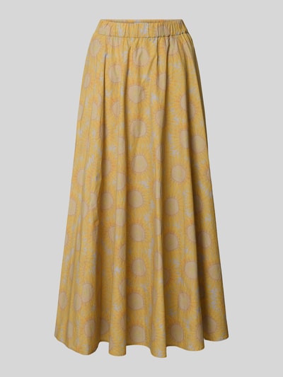 Produktfoto, midirok met steekzakken van Drykorn, puur katoen, A-lijn, model 'QERIME', elastische band, geel met ronde vormen, dames, bandwijdte maat S: 36 cm, totale lengte: 92 cm