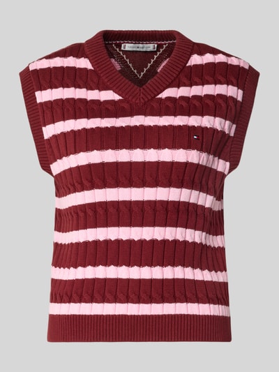 Produktfoto, Slim Fit Pullunder aus reiner Baumwolle von Tommy Hilfiger, krój slim fit, efekt: jednolity kolor, wzór w paski, detal z logo, dekolt w serek, prążkowane wykończenie, dzianina z bawełny