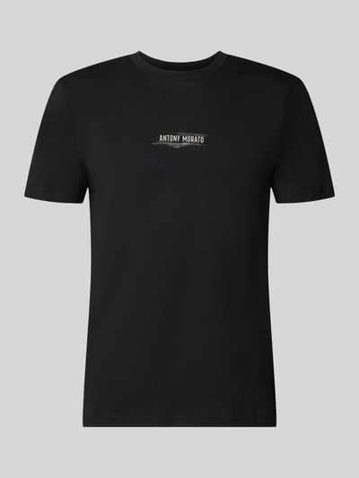 Produktfoto, schwarzes Regular Fit T-Shirt mit Label-Print von Antony Morato, reine Baumwolle, Rundhalsausschnitt, Rückenlänge 70 cm bei Größe M