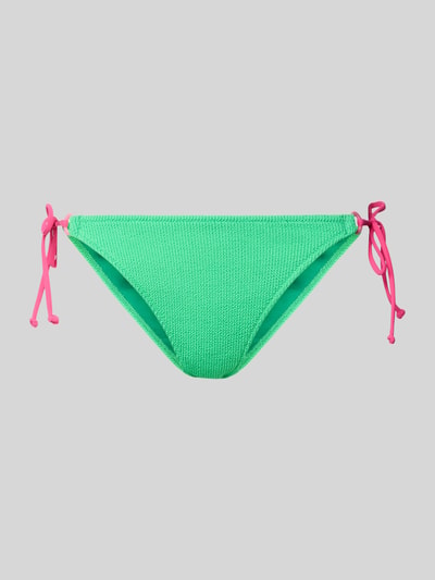 Produktfoto, Bikini-Slip mit Label-Detail Modell 'LENKA' von Banana Moon in Grün mit pinken Schnürverschlüssen, Material-Mix mit Stretch-Anteil, körpernaher Schnitt