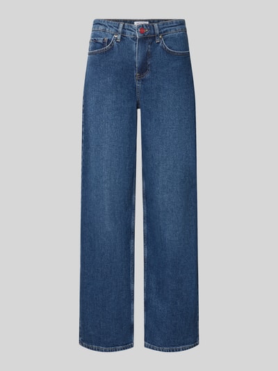 Produktfoto, Straight Fit Jeans aus Baumwoll-Mix von MYON in klassischem Blau, 5-Pocket-Design, sichtbare Struktur, glatter Stoff, Damen Jeans von MYON, elastischer Baumwoll-Mix, Knopf- und Reißverschluss, Bundweite 38 cm, Innenbeinlänge 79 cm.