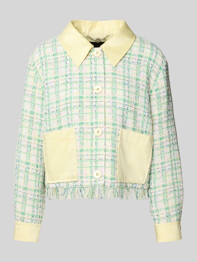 Produktfoto, Regular Fit Blazer mit Fransen von Marc Cain, mieszanka materiałów z wiskozą, krój regular fit, kołnierz, guziki, nakładane kieszenie, frędzle, długość tyłu w rozmiarze 36: 50 cm, szerokość w rozmiarze 36: 45 cm, długość rękawa w rozmiarze 36: 57 cm, pastelowe kolory, prostokątne kształty, tekstura tweedu