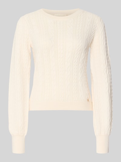 Produktfoto, Regular Fit Strickpullover mit Zopfmuster von GUESS in Creme, Strick-Optik, gerippte Abschlüsse, Rundhalsausschnitt