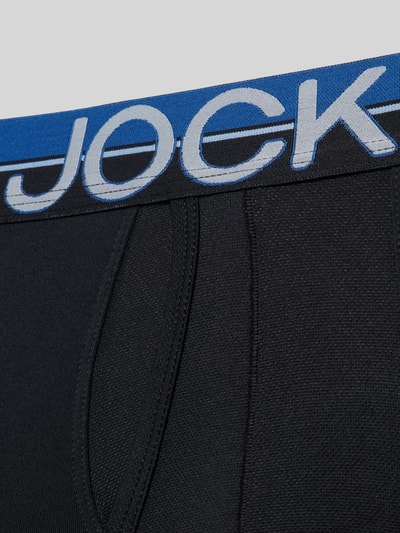 Produktfoto, Slim Fit Trunks mit Logo-Stitching im 3er-Pack von Jockey aus Elastischer-Material-Mix, schwarzer Stoff, blauer Elastischer-Logo-Bund