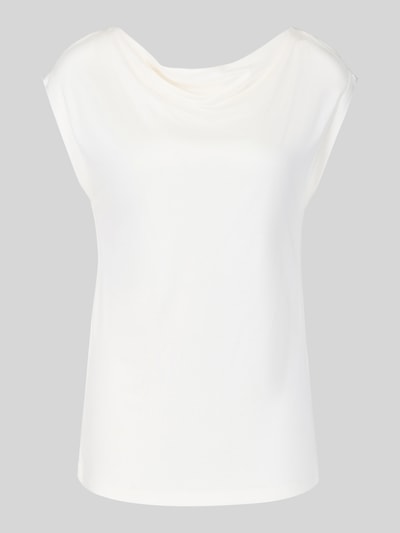 Produktfoto, Regular Fit Blusentop aus reiner Viskose von s.Oliver BLACK LABEL, einfarbiges Satinmaterial in Weiß, Rundhalsausschnitt, Label Stitching