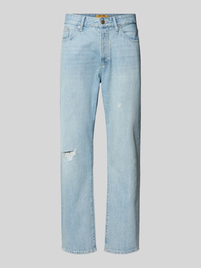 Produktfoto, Straight Fit Jeans aus reiner Baumwolle von Only & Sons, hellblauer Denim, Used Look, 5-Pocket, Label Patch, High Waist, Regular-Länge