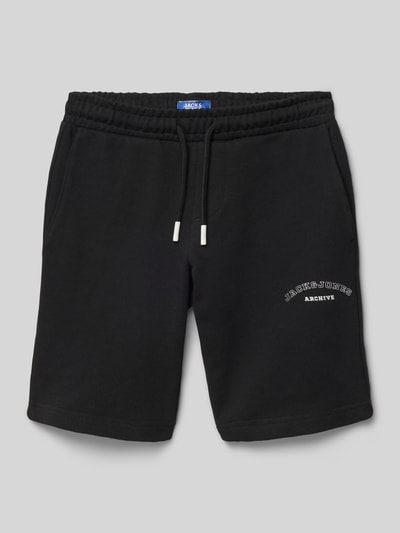 Produktfoto, Shorts mit Logo-Print Modell 'GORDON' van Jack & Jones, zwarte katoenmix, loose fit, elastische taille met trekkoord, zijzakken, logo-print, maat 140 taille 37 cm, binnenbeenlengte 18 cm